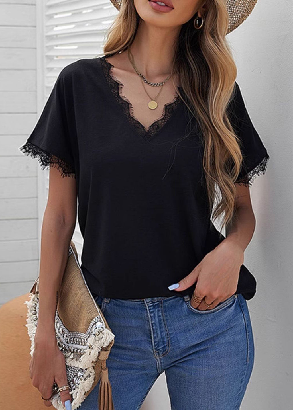 Casual Black Lace Patchwork Solid T Shirt Short Sleeve