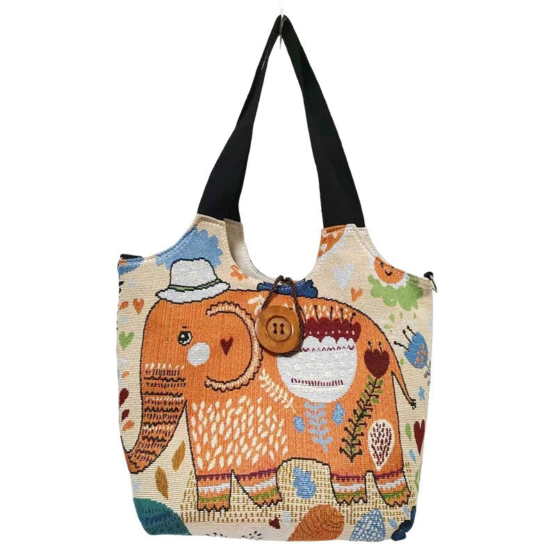 Women's Large Canvas Elephant Ethnic Style Square Zipper Shoulder Bag