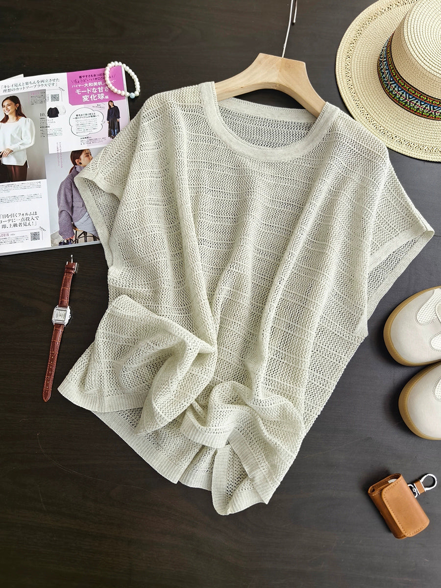 Women Summer Casual Pure Color Knitted O-Neck Shirt