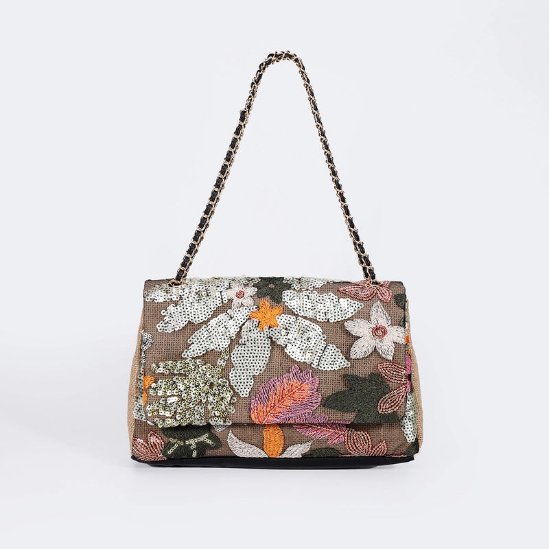 10 Pieces Women's Large Hemp Material Flower Elegant Sequins Square Flip Cover Crossbody Bag