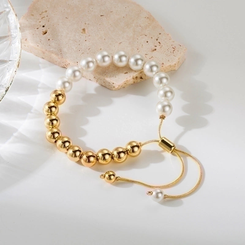 Classic Style Round Imitation Pearl Copper Beaded Patchwork Plating 18k Gold Plated Bracelets