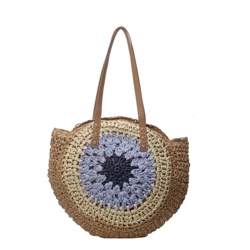Women's Large Straw Color Block Vacation Beach Round Zipper Straw Bag