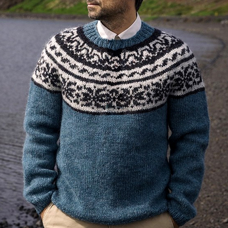 Retro Lake Blue Jacquard Iceland Crew Neck Sweater