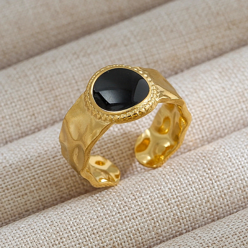 Rock Oversized Leaves Eye Flower 304 Stainless Steel Gem 18K Gold Plated Inlay Open Rings