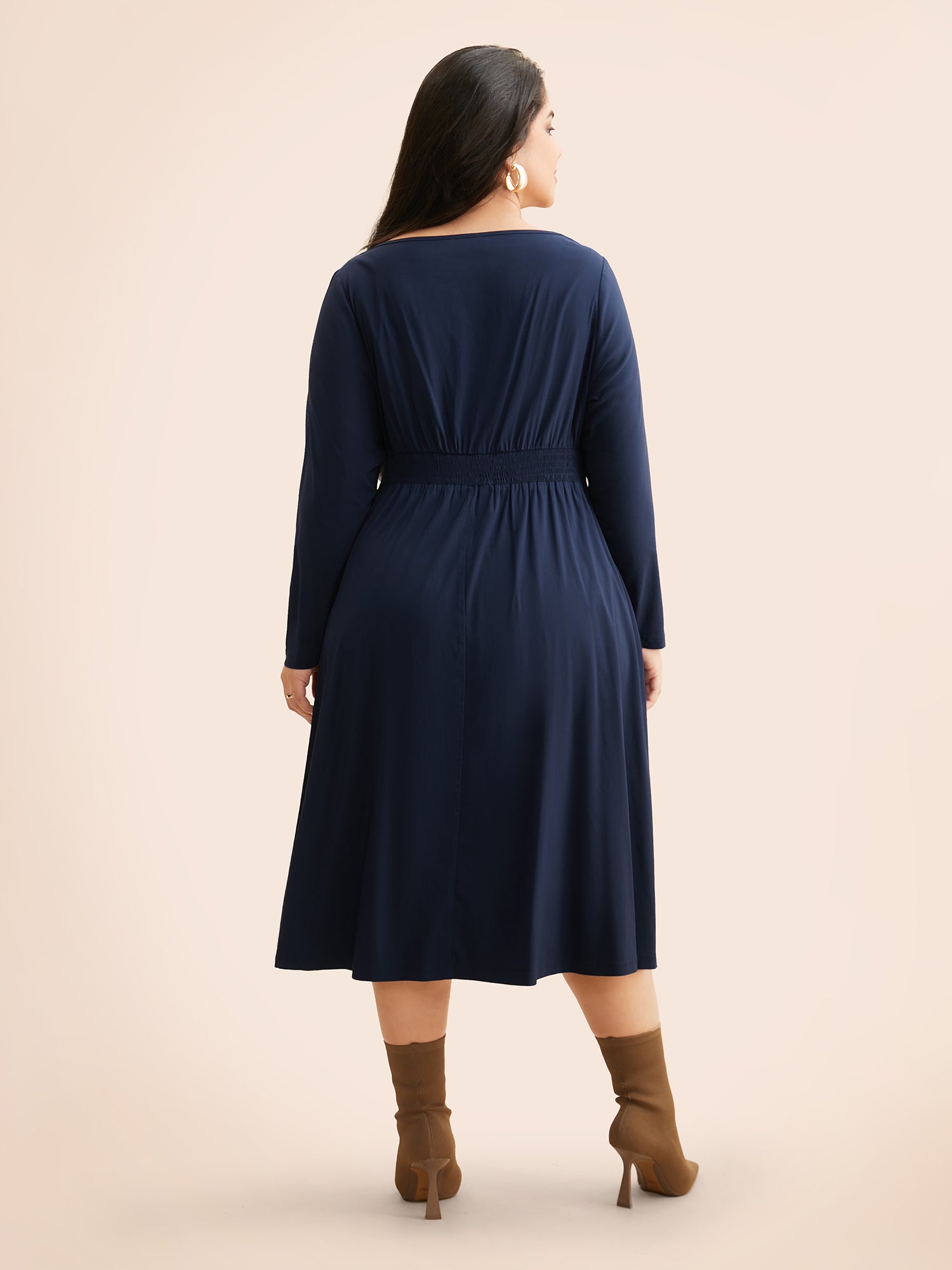 Plain Keyhole Pleated Shirred Dress