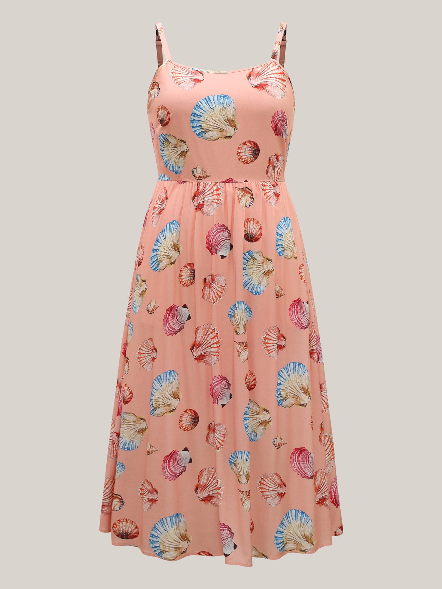 Rayon Adjustable Strap Shell Print Midi Dress