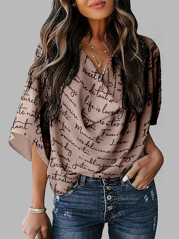 Loose Short Sleeves Letter Print Shoulder Pad Heaps Collar T-Shirts Tops