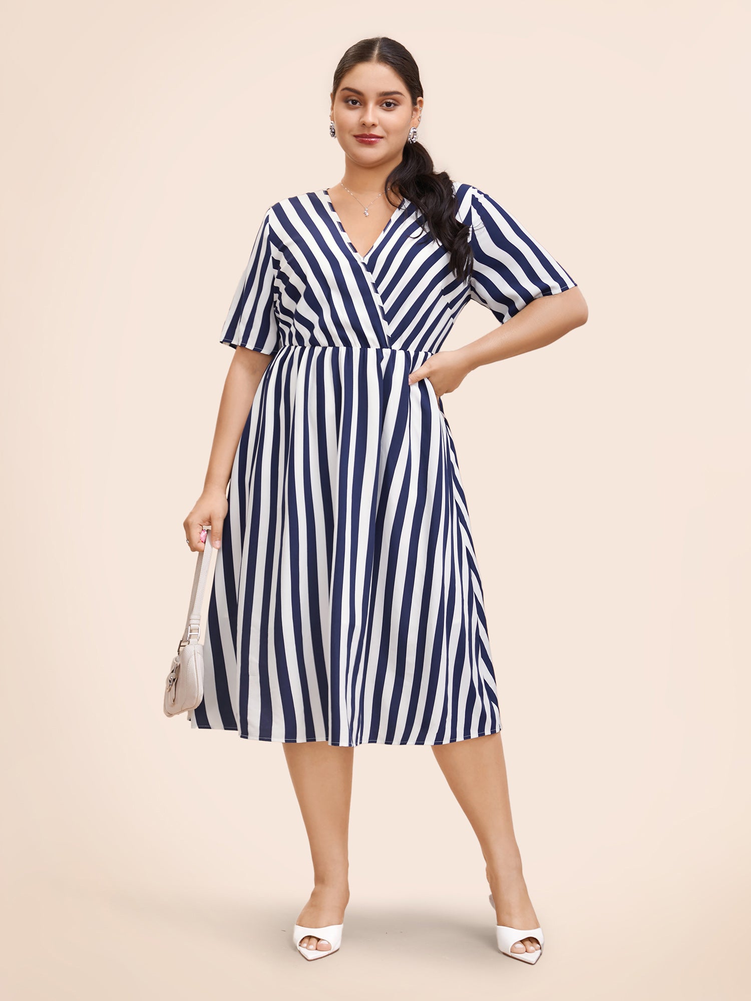 Striped Overlap Collar Ruffle Sleeve Midi Dress