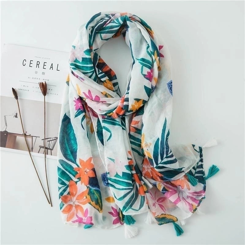 Cotton And Linen Scarf Warm Rose Red Tone Tropical Plant Color Tassel Trend