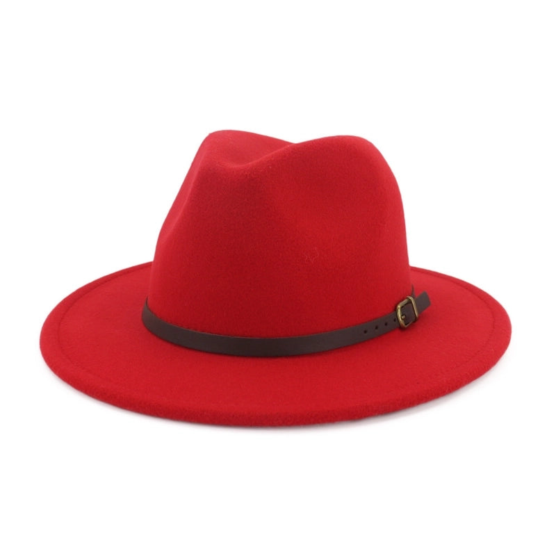 New Women's Woolen Brown Belt Buckle Top Hat Men And Women Couple Hat Flat Brim Big Brim Jazz Hat
