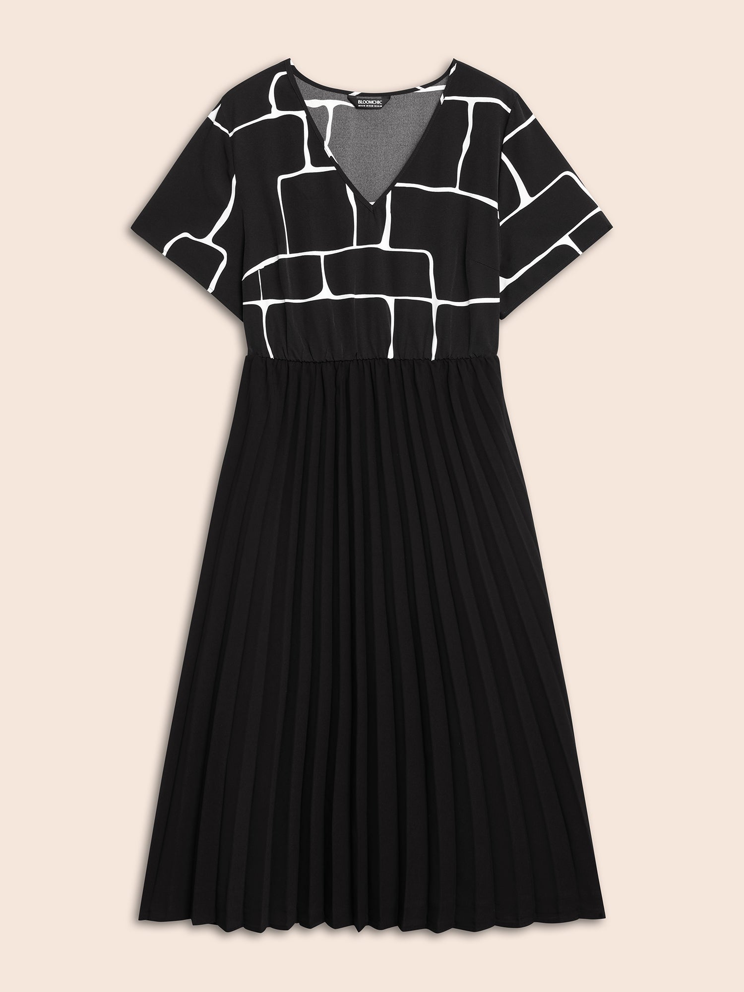 Geometric Patchwork Pleated Midi Dress