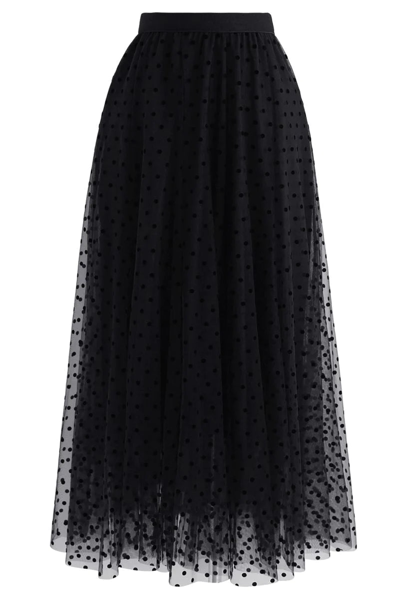 POLKA DOTS DOUBLE-LAYERED MESH SKIRT