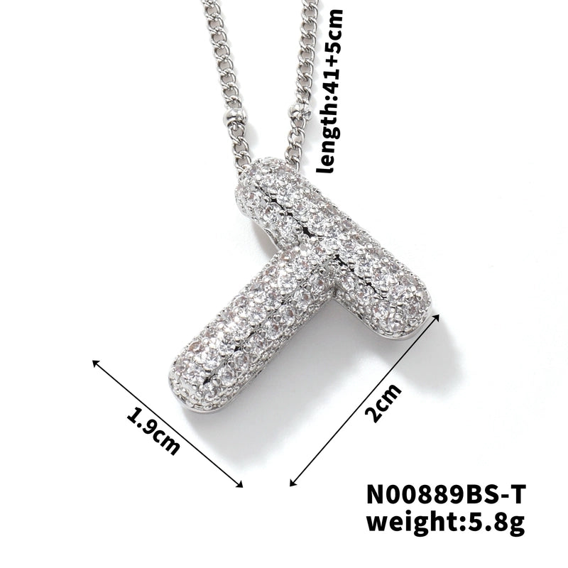 304 Stainless Steel Copper Rhodium Plated Three-dimensional Inlay Letter Zircon Pendant Necklace