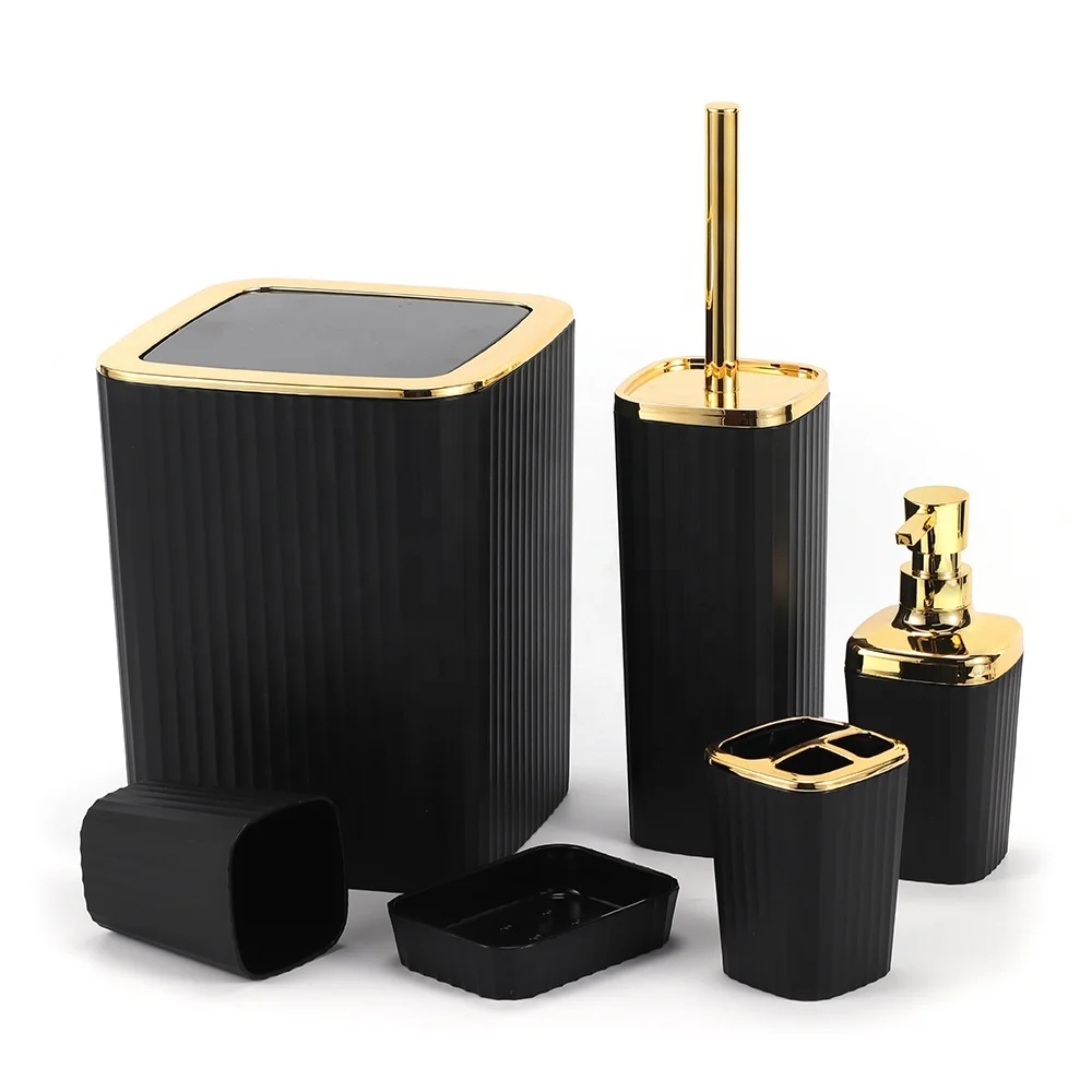 Luxury Europe Plastic Toilet Bathroom Set 6 Piece Modern Metal Sleek Matte Black Gold Bathroom Accessories for Home