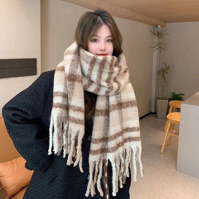 Mohair Plaid Scarf Women's Winter  Versatile Tassel Student Long Thickened Warm Scarf Large Shawl Fashion