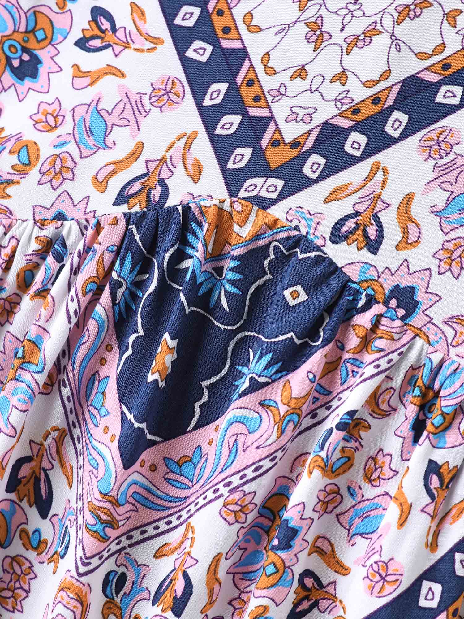 Boho Collage Print Notched Babydoll Top