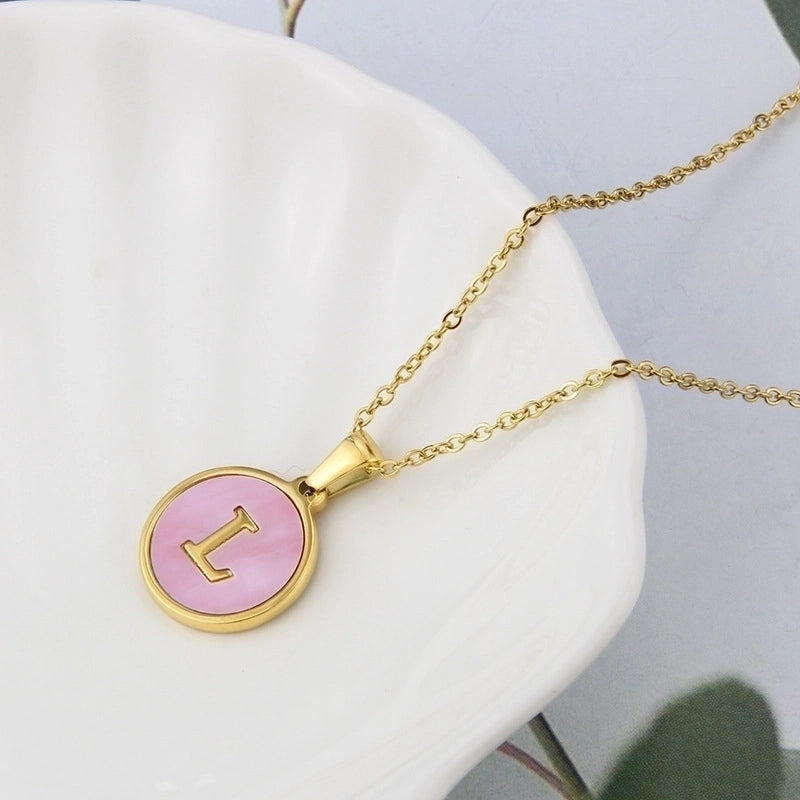 Minimalist Letter Titanium Steel Plating Inlay Shell Pendant Necklace