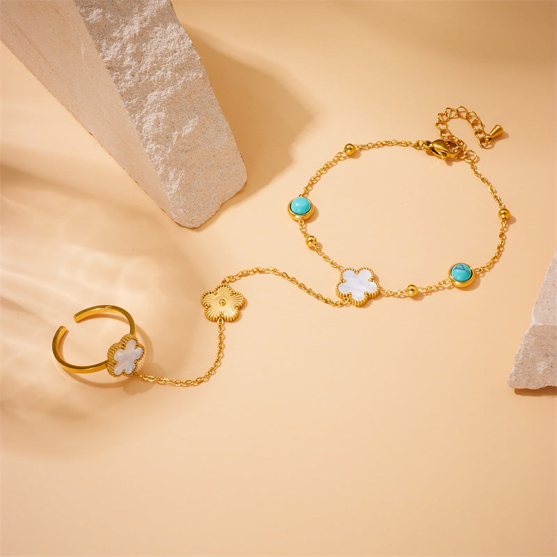 Fashion Niche Retro Stainless Steel Round Blue Turquoise Tree Of Life Flower Accessories Decorative Finger Bracelet