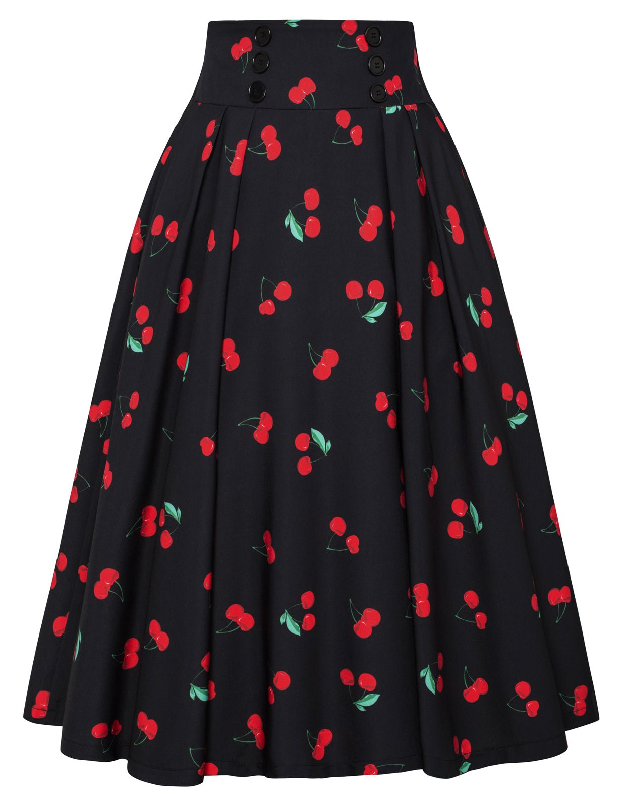 Leaf Patterns Pleated Buttons Decorated Elastic Waist High Waist Swing A-Line Skirt with Pockets