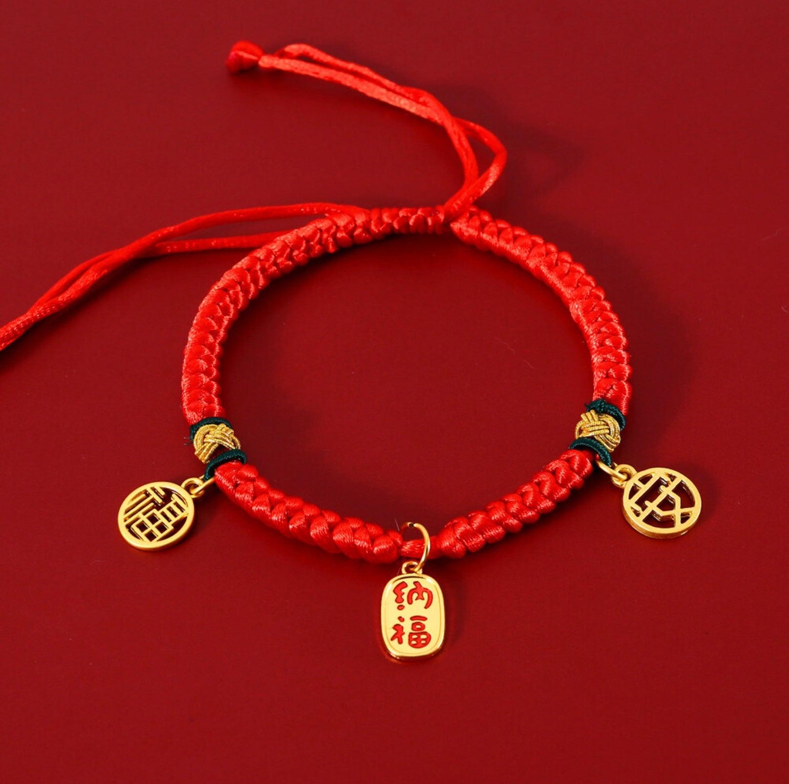 Adjustable Red Cord Pet Collar with Chinese Wishes Pendants