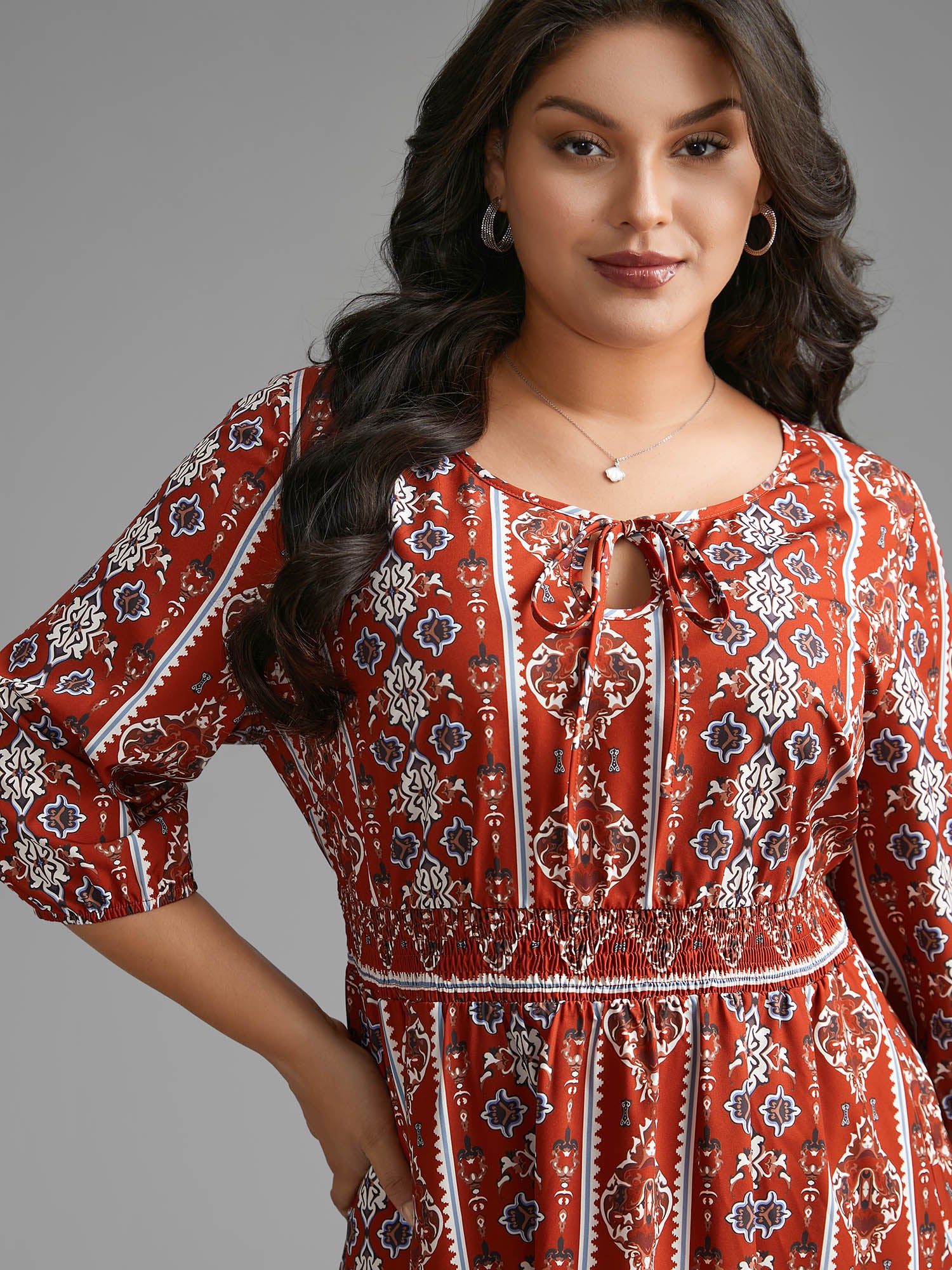 Boho Print Shirred Tie Knot Midi Dress