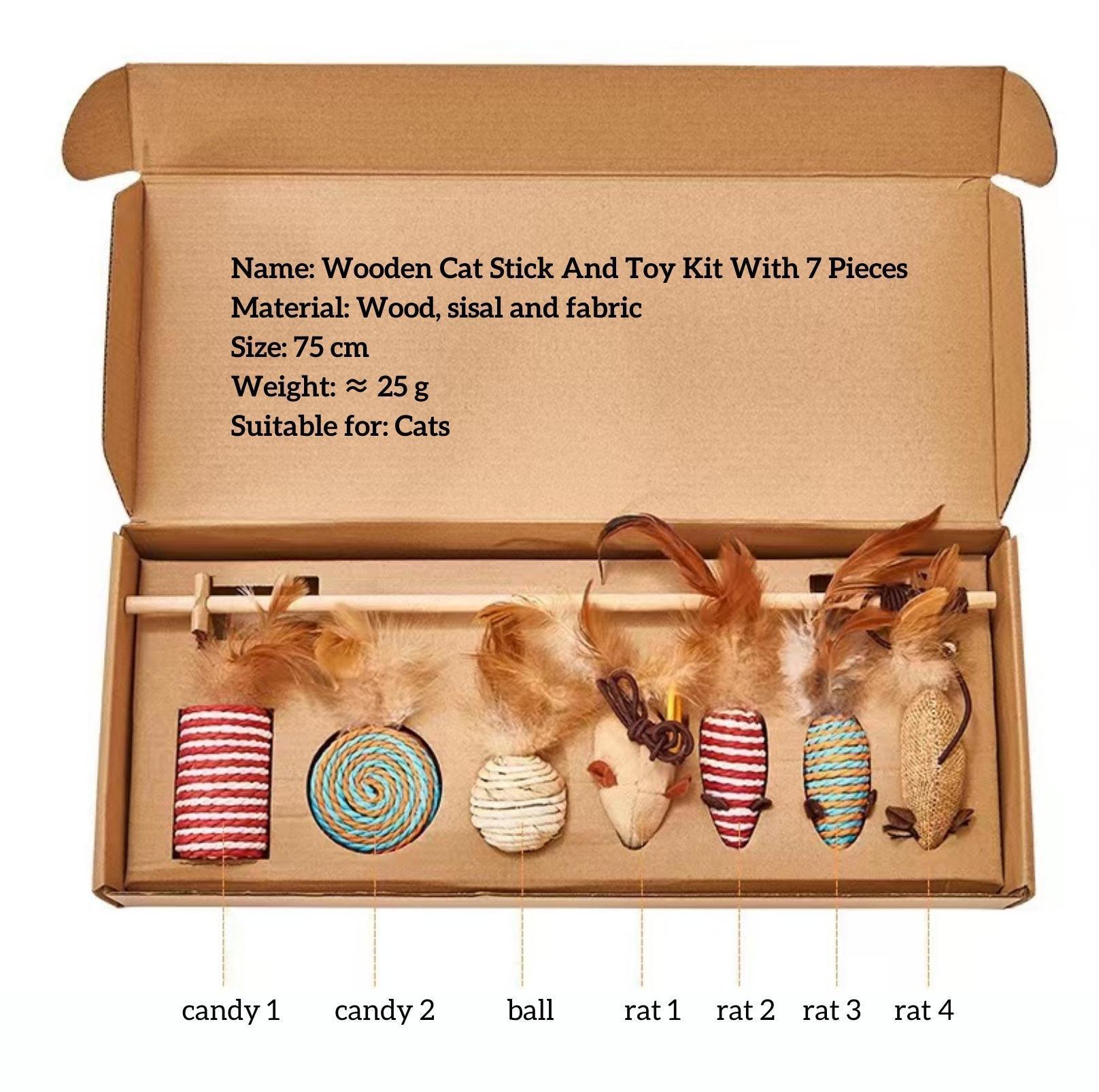 Wooden Cat Stick And Toys Kit With 7 Pieces