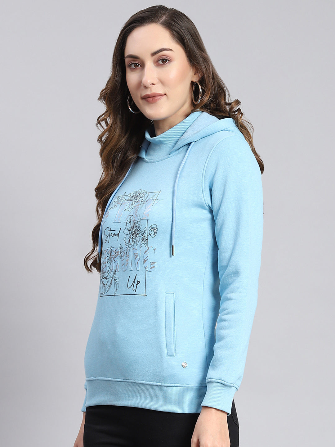 Women Blue Printed Hooded Full Sleeve Sweatshirts