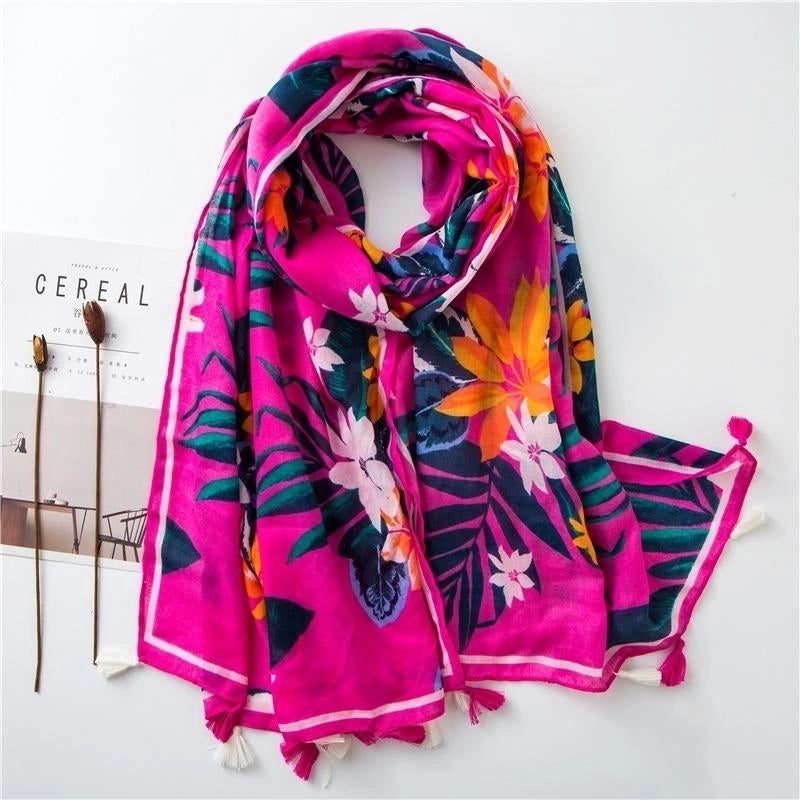 Cotton And Linen Scarf Warm Rose Red Tone Tropical Plant Color Tassel Trend
