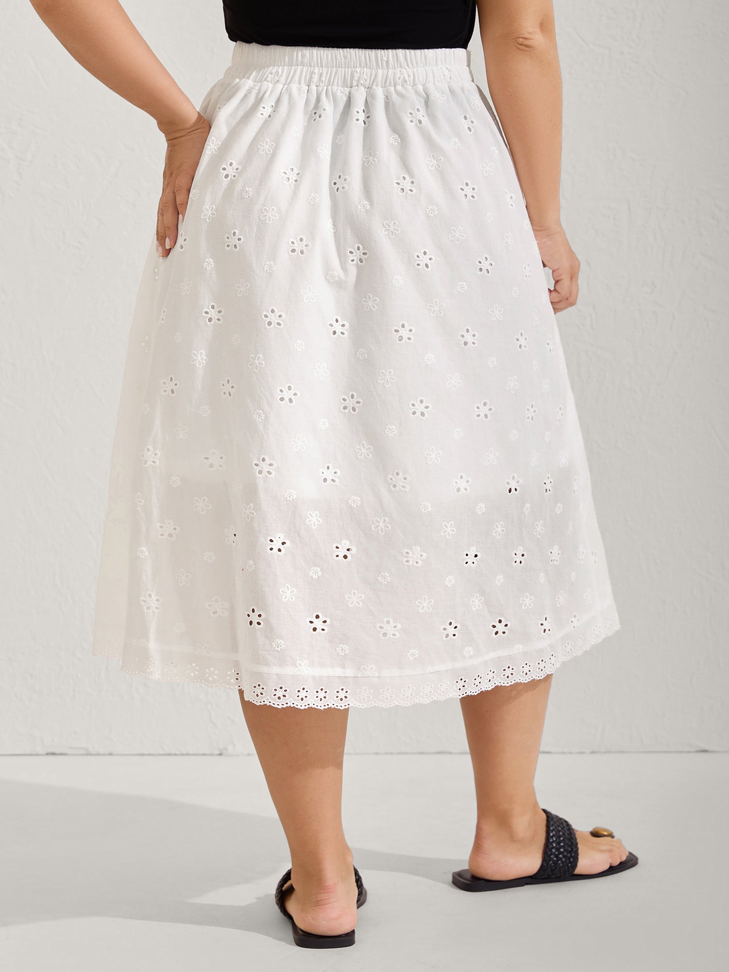 Cotton Eyelet Trim Solid Lined Midi Skirt