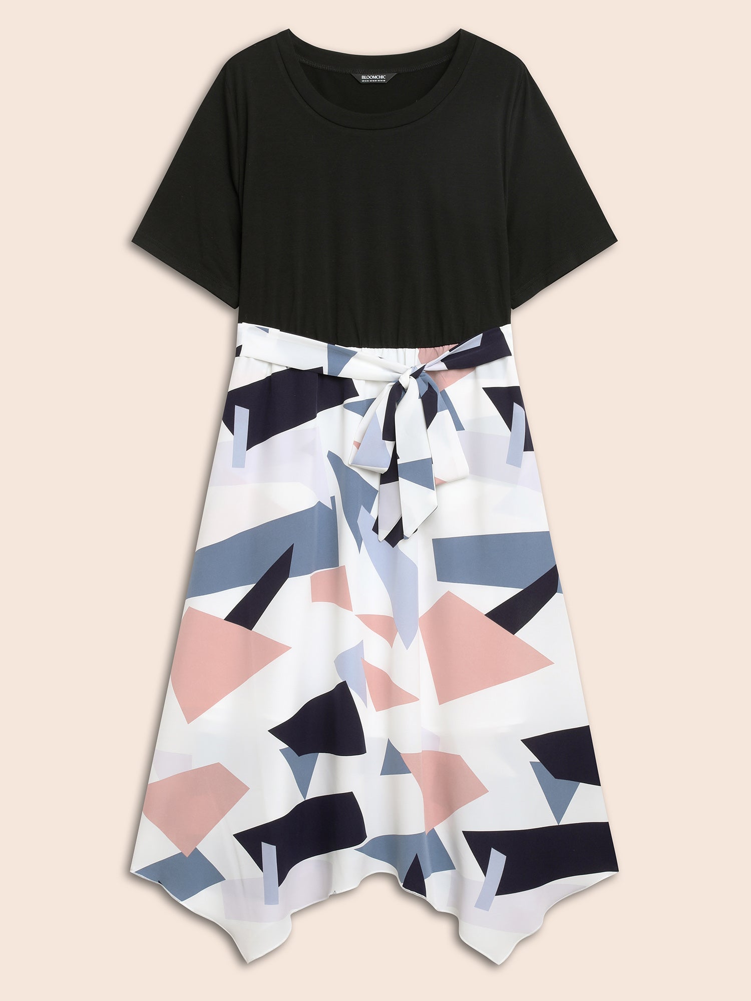 Geometric Patchwork Asymmetrical Hem Midi Dress