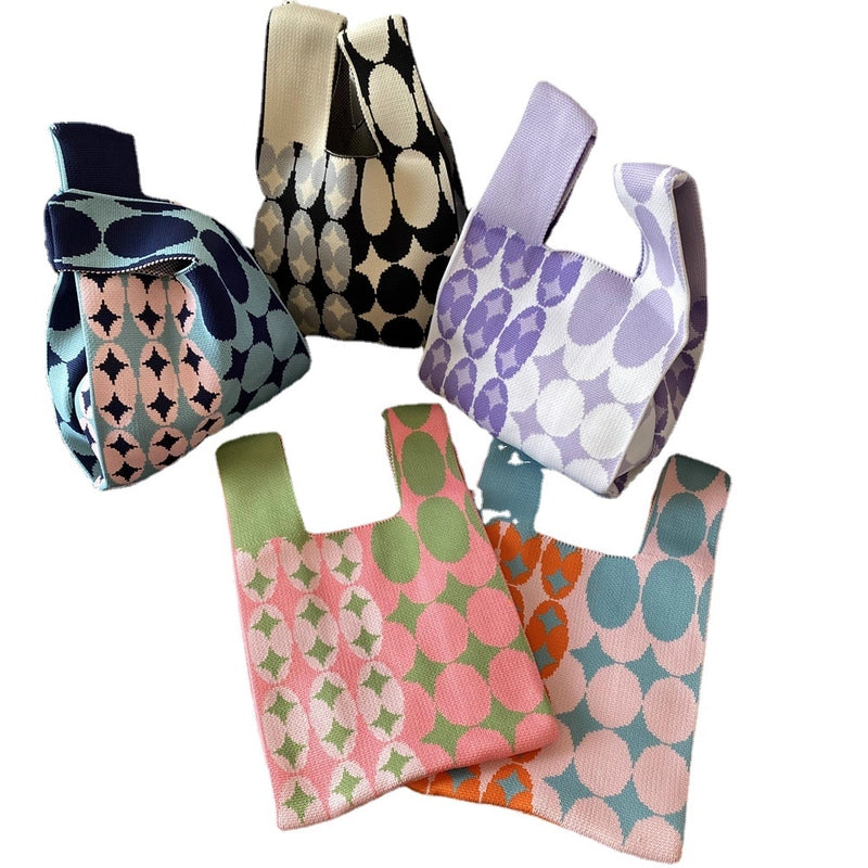 Women's Small Knit Printing Lattice Flower Elegant Classic Style Square Open Handbag