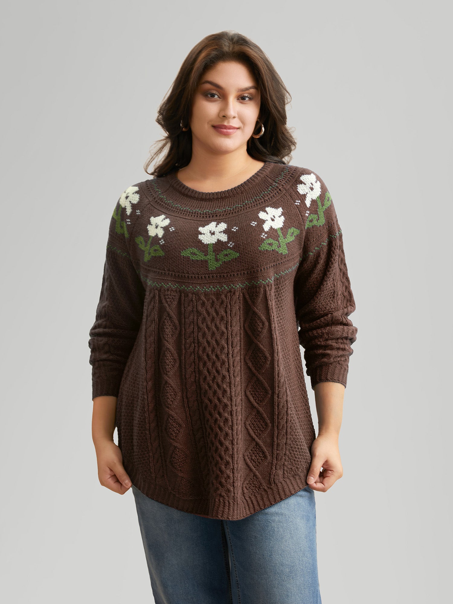 Floral Jacquard Raglan Sleeve Pullover