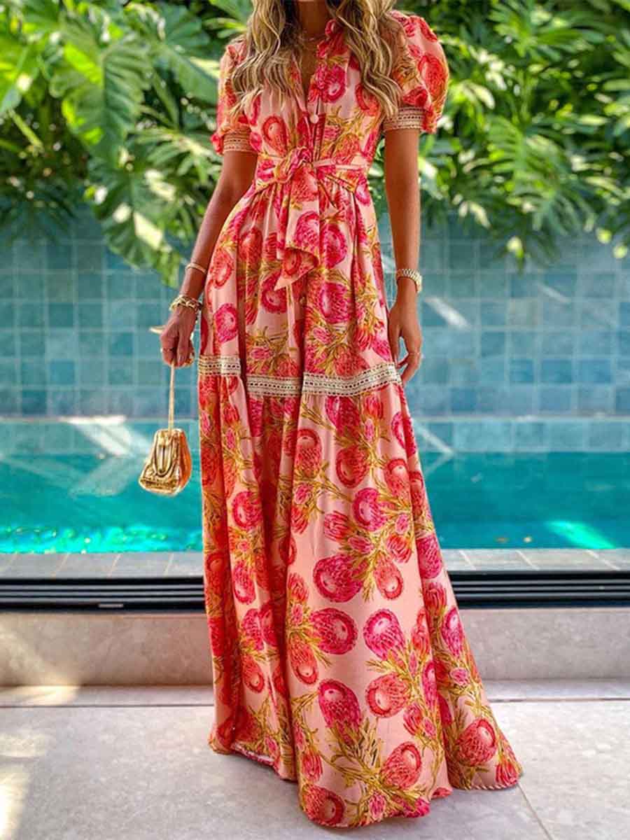 Bohemian Printed Lace Belt Dress