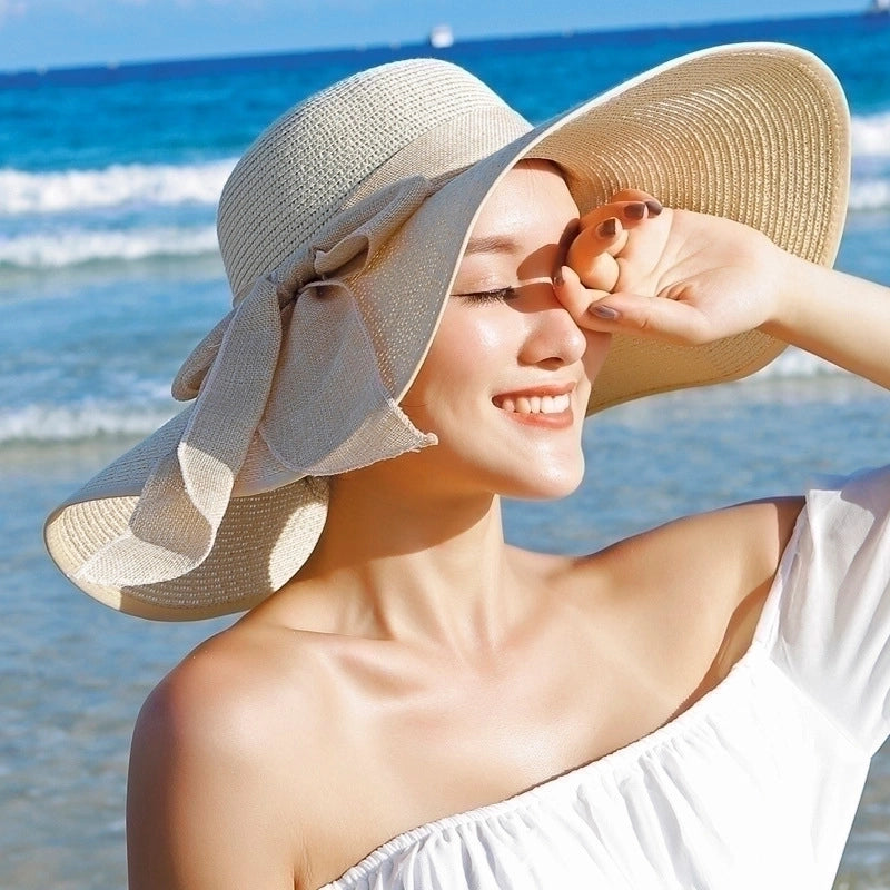 Women's Basic Solid Color Bowknot Flat Eaves Sun Hat