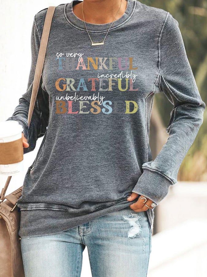 Women's Grateful Thankful Blessed Print Crew Neck Sweatshirt