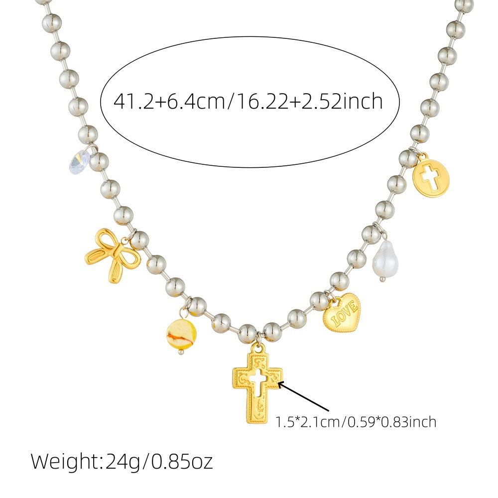 Fashion Sweet Cool Ins Style Cross Love Bowknot Oil Drop Eye Pendant Stainless Steel Design Necklace Female