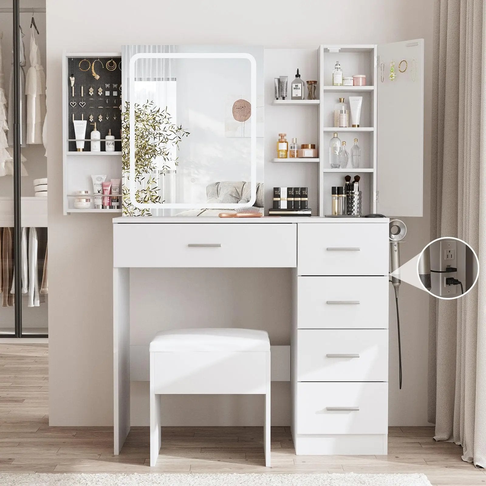 White Vanity Desk with Mirror and Lights Makeup Vanity Table with Power Strip