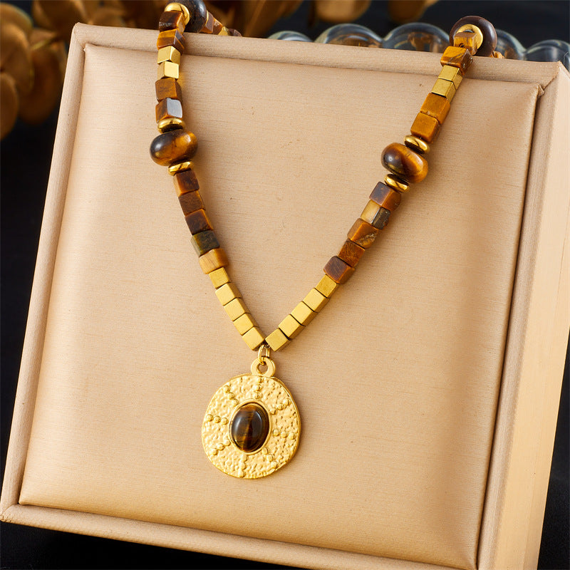 Retro Maillard Style Square Round Geometric Tiger Eye Stone Stainless Steel Round Heart Pendant Necklace