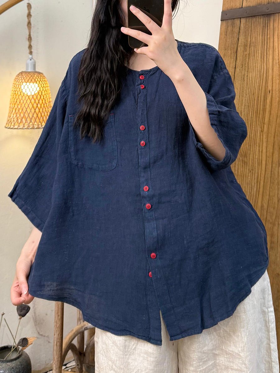 Women Summer Artsy Pure Color O-Neck 100%Linen Shirt