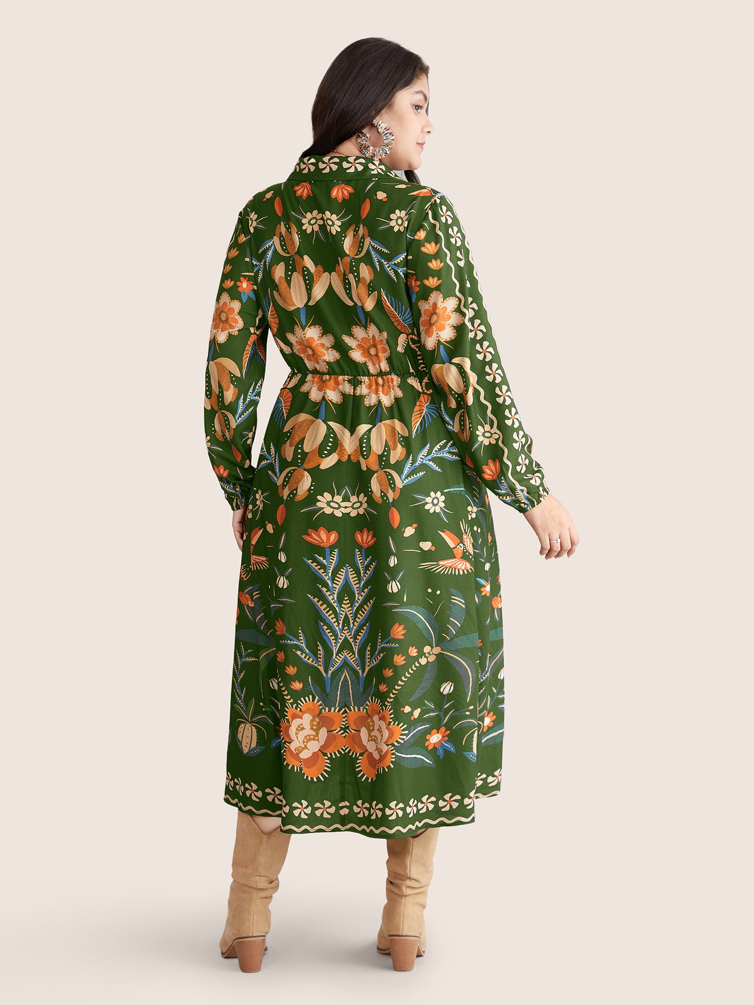 Bandana Print Pocket Lapel Collar Elastic Cuffs Dress