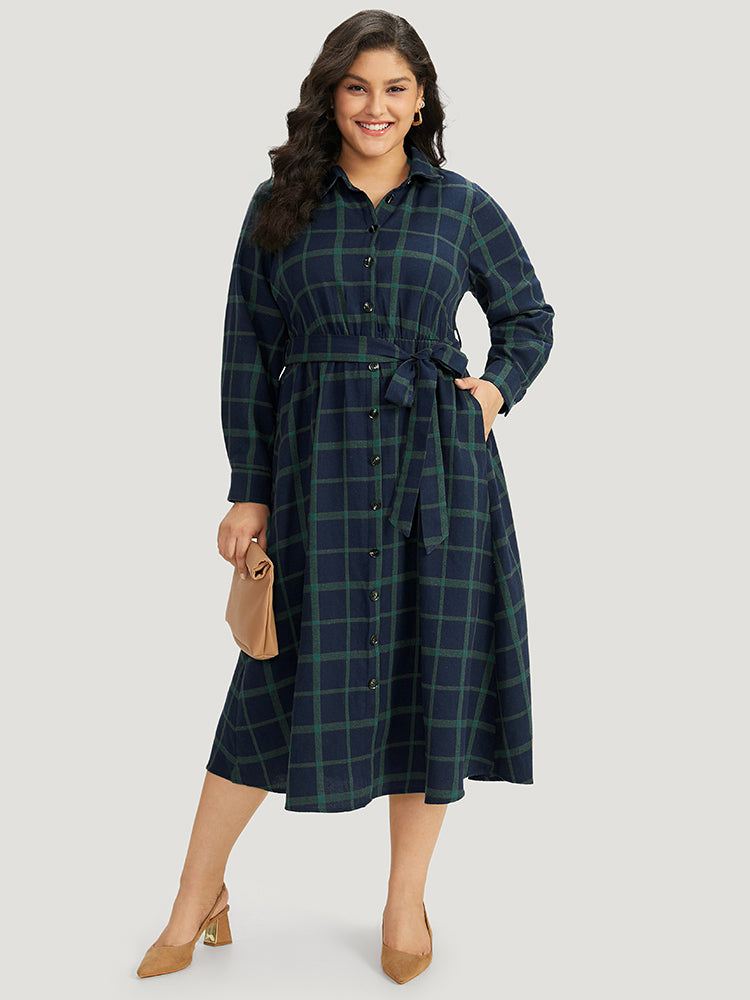 Plaid Shirt Collar Button Fly Belted Dress