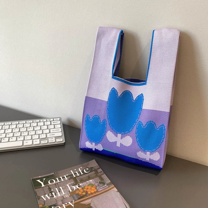 Women's Polyester Printing Color Block Cute Square Open Handbag