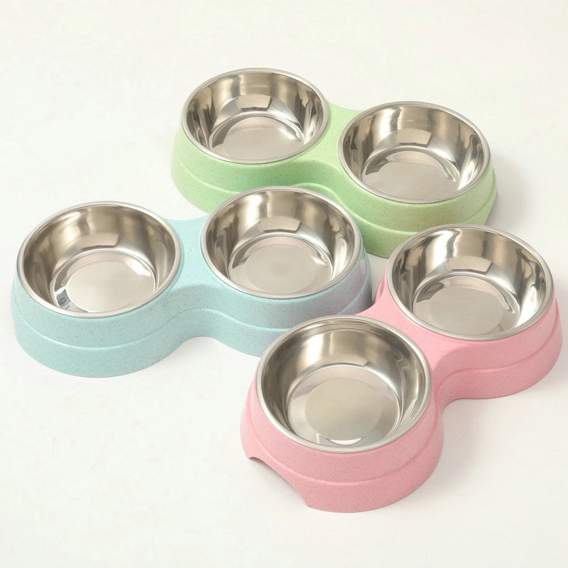 Pet Double Bowl Pet Dual-use Stainless Steel Bowl Dog Drinker Feeding Bowl Cat And Dog Plastic Pet Bowl