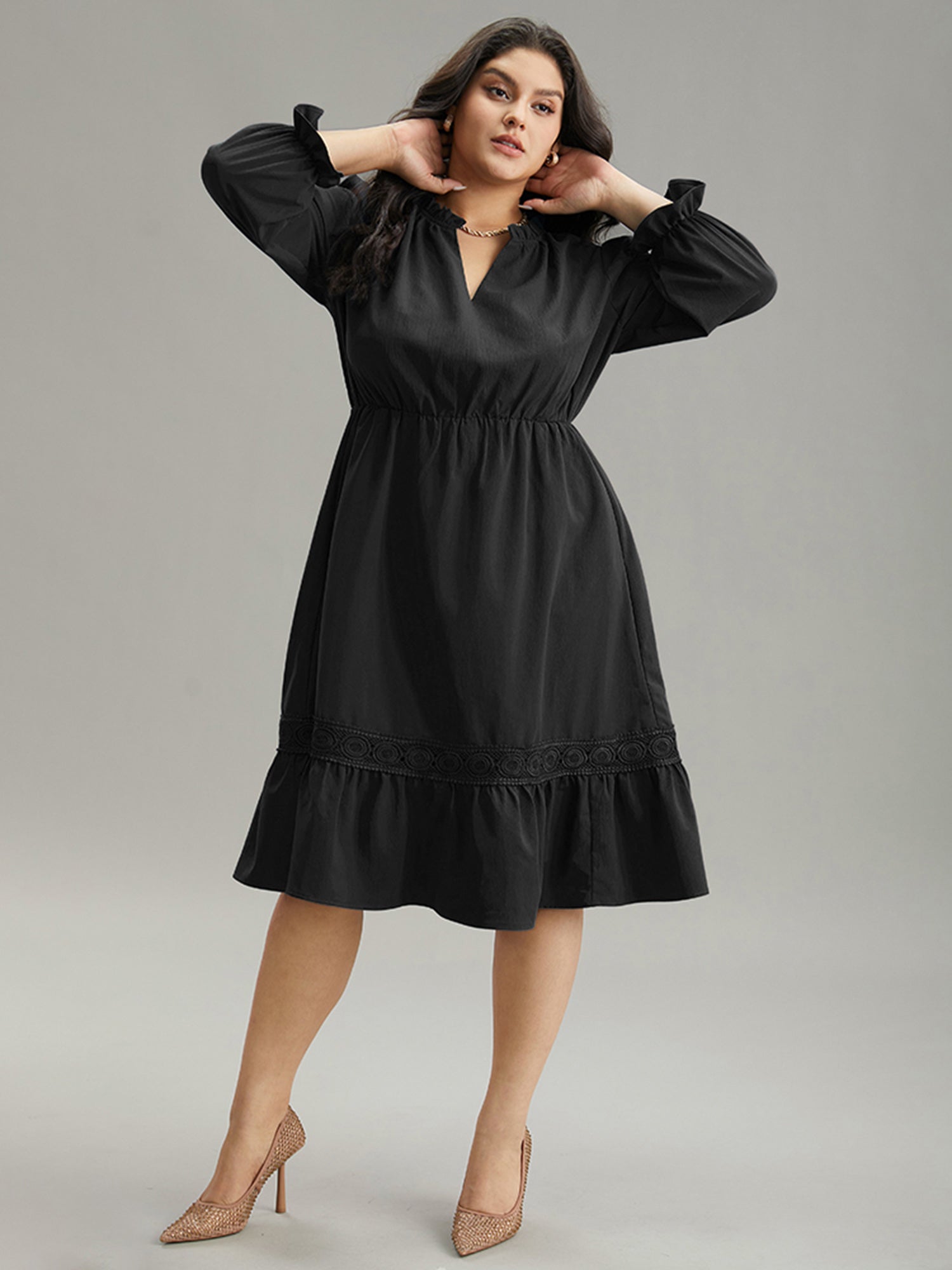 Solid Frill Trim Guipure Lace Flutter Sleeve Dress