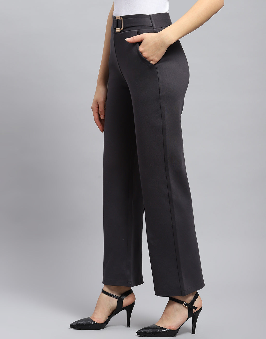 Women Charcoal Solid Regular Fit Trouser