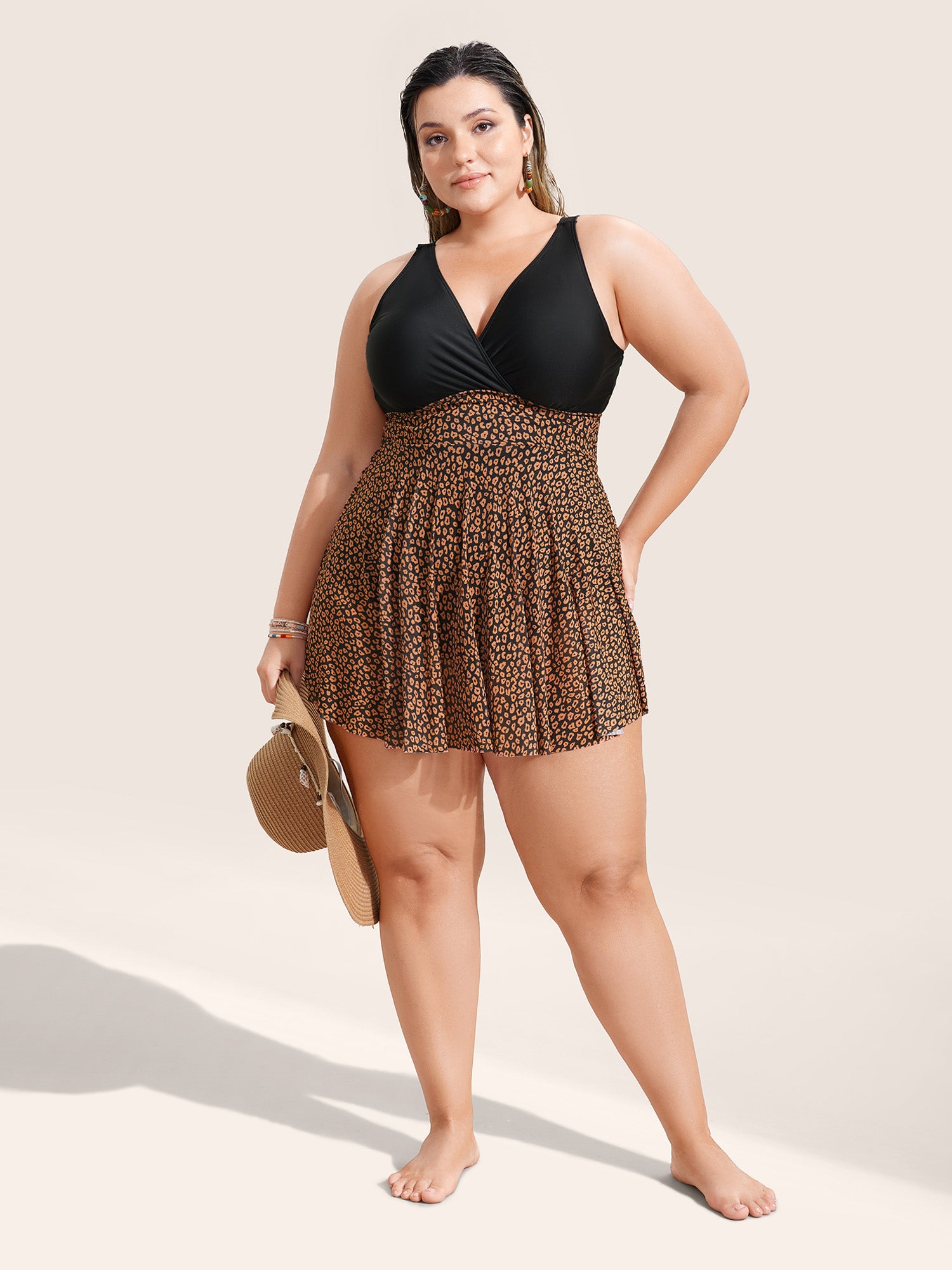 V Neck Leopard Print Patchwork Swim Dress
