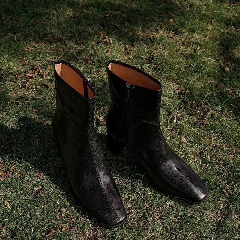 Squared Toe Leather Slimming Boots Sock Boots in Black/Brown