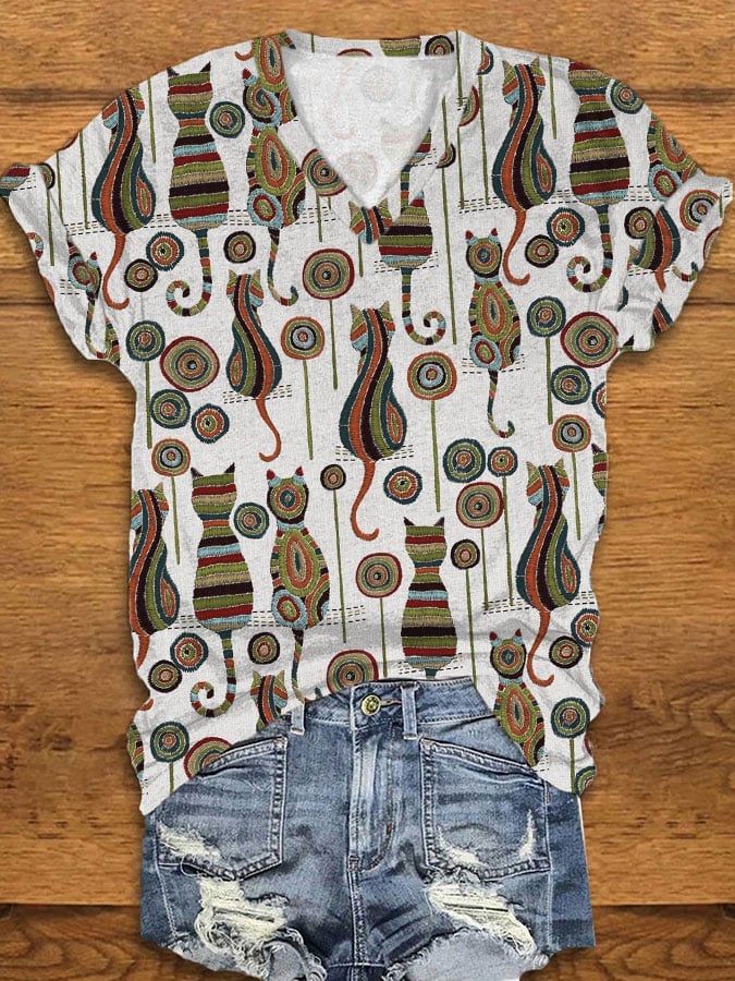 Women's Cat Print V-Neck T-Shirt