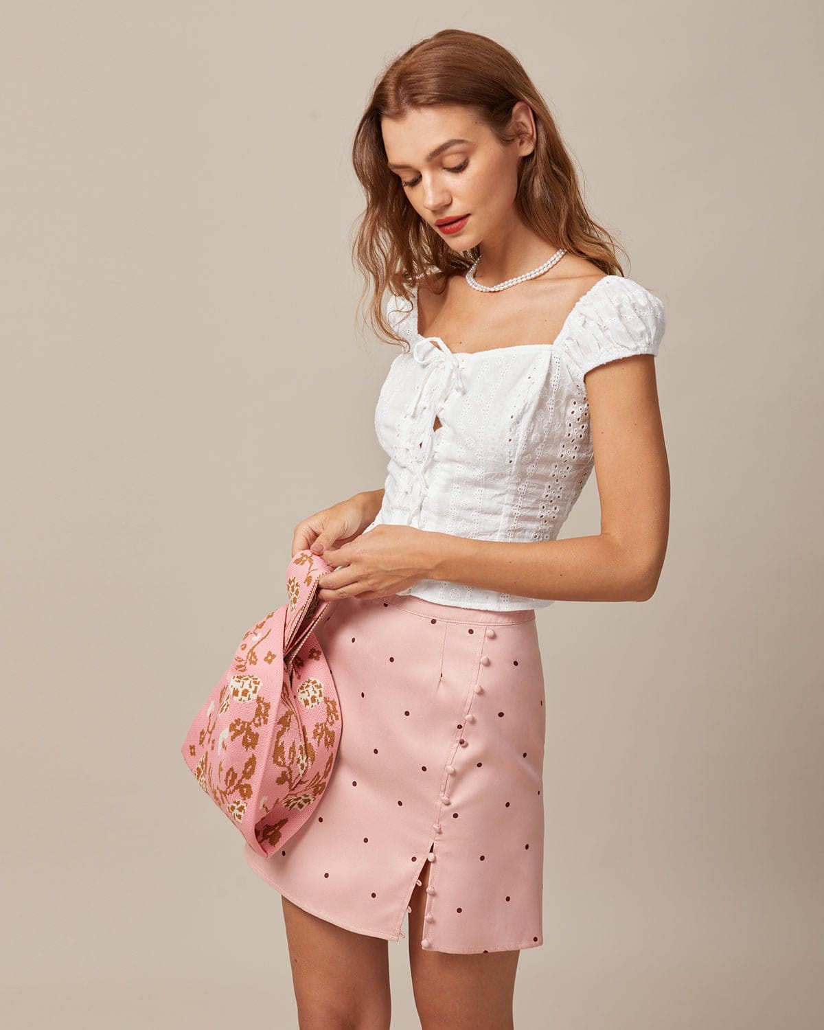 The Pink Polka Dot Button Slit Mini Skirt