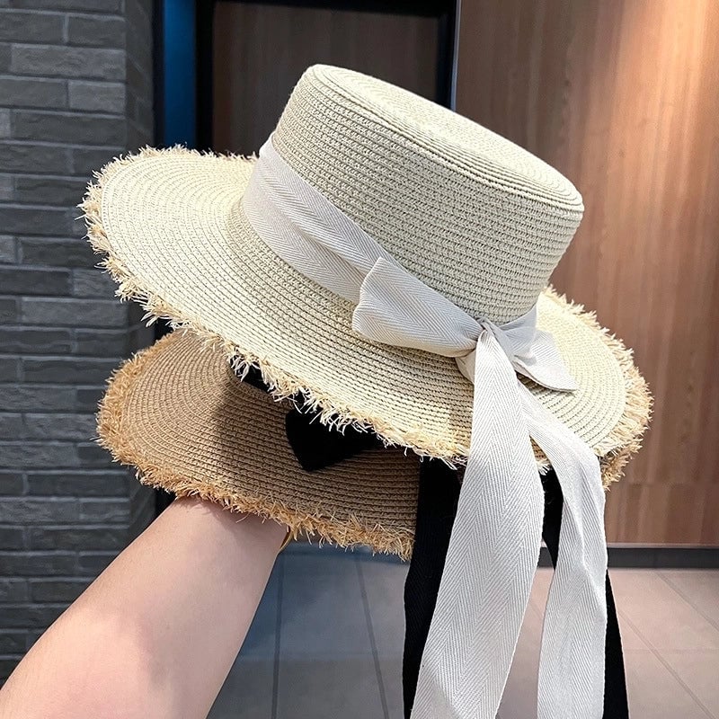 Women's Sweet Pastoral Solid Color Bowknot Wide Eaves Straw Hat